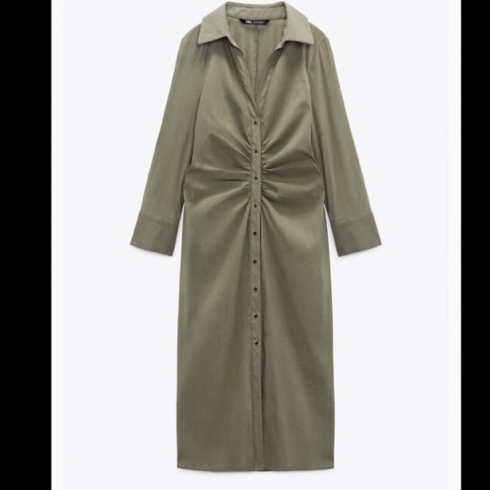 ZARA SHIRT DRESS WITH RUCHING KHAKI - REF. 8301/507 Small